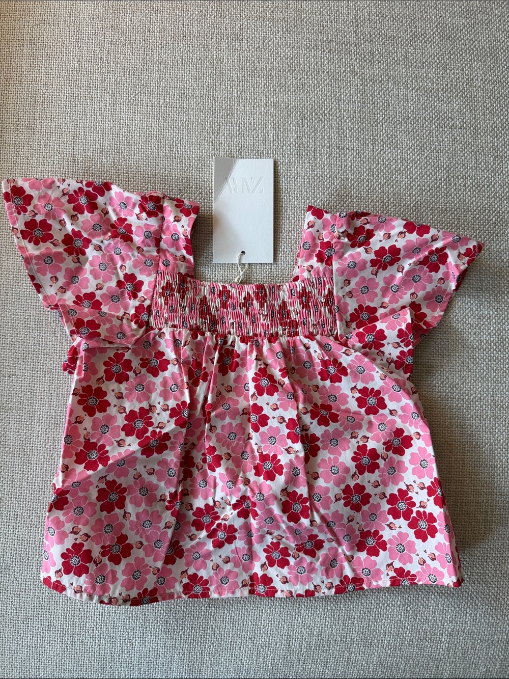 Zara Pink Floral Flutter Sleeve Smocked Top